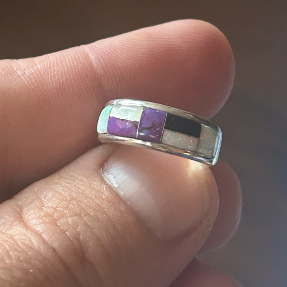 STERLING SILVER NATIVE AMERICAN SIGNED MOJAVE TURQUOISE OPAL ONYX SIGNED RING 7 - Picture 4 of 10